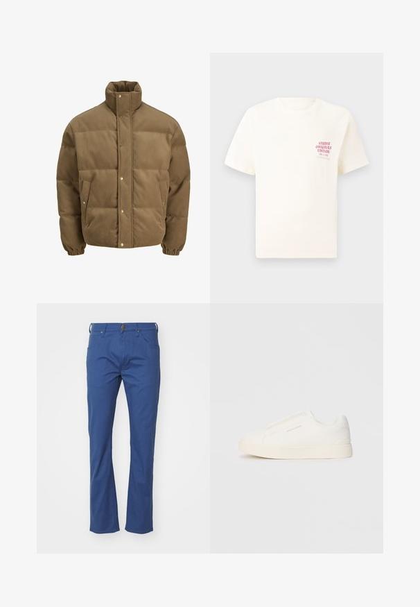 Καφέ σακακι με καπιτονέ ύφασμα, ψηλό γιακά, κουμπιά με πίεση, ελαστικούς καρπούς και πλαϊνές τσέπες, παρουσιασμένο σε λευκό φόντο.; Άσπρη κοντομάνικη μπλούζα με κόκκινο κείμενο "Studio Originals Edition" στο αριστερό στήθος, παρουσιασμένη σε ουδέτερο γκρι φόντο.; Μπλε βαμβακερό παντελόνι με ίσια γραμμή, διαθέτει κλείσιμο με κουμπί, πέντε τσέπες και διακριτές ραφές.; Λευκά slip-on παπούτσια με υφή, παχύ πάτο και μινιμαλιστικό σχέδιο. Φέρει το λογότυπο της μάρκας στο πλάι.
