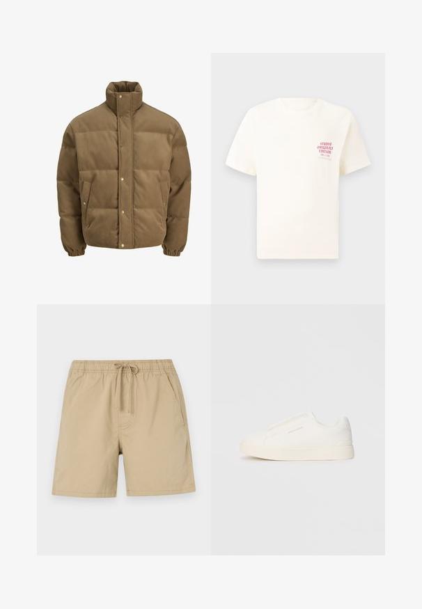 Casaco puffer de veludo cotelê castanho com colarinho alto, botões de pressão, punhos elásticos e bolsos laterais, exibido sobre um fundo branco.; T-shirt branca de mangas curtas com o texto vermelho "Edição Originais do Estúdio" no lado esquerdo do peito, apresentada sobre um fundo cinza neutro.; Calções bege feitos de algodão com um cós elástico, cordão de ajuste e bolsos laterais. Textura suave e comprimento acima do joelho.; Sapatilhas brancas de atacar com uma superfície texturizada, sola grossa e design minimalista. Possui o logo da marca na lateral.