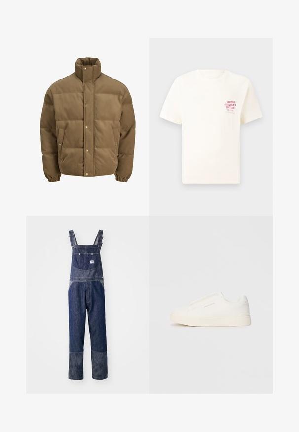 Smeđi puffer jakna od kordura s visokim ovratnikom, dugmadi na preklop, elastičnim manžetama i bočnim džepovima, prikazana na bijeloj pozadini.; Bijela kratka majica s kratkim rukavima s crvenim natpisom "Studio Originals Edition" na lijevoj strani grudi, prikazana na neutralnoj sivoj pozadini.; Plave traperice s naramenicama, s prugastim ramenima, koje imaju prednji džep i kontrastni prugasti uzorak na rubovima. Uključene su podesive naramenice.; Bijele slip-on tenisice s teksturiranom površinom, debelim đonom i minimalističkim dizajnom. Sadrže logo branda sa strane.
