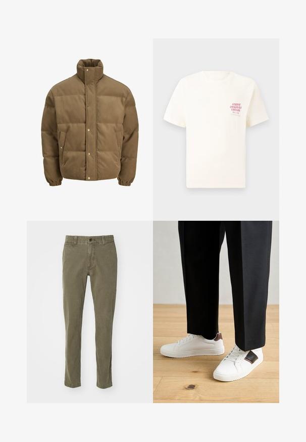 Hnědá kordurová péřová bunda s vysokým límcem, patkovými knoflíky, elastickými manžetami a bočními kapsami, vystavená na bílém pozadí.; Bílý krátký rukávový tričko s červeným textem "Studio Originals Edition" na levé hrudi, vystavené na neutrálním šedém pozadí.; Olivově zelené kalhoty vyrobené z bavlny, s rovnými nohavicemi, pěti kapsami a jedním knoflíkem v pase.; Bílé tenisky s hladkým povrchem, s hnědými koženými akcenty a černými detaily, kombinované s černými kalhotami na míru. Pozadí tvoří dřevěná podlaha.