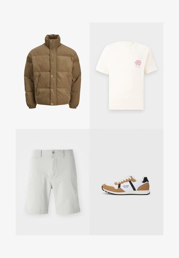Bruine ribfluwelen pufferjack met hoge kraag, drukknoopsluiting, elastische manchetten en zijzakken, weergegeven op een witte achtergrond.; Witte T-shirt met korte mouwen met rode tekst "Studio Originals Edition" op de linker borst, weergegeven op een neutrale grijze achtergrond.; Lichtgrijze shorts van zacht materiaal, met een knoopsluiting, zijzakken en een strakke, verzorgde uitstraling. De lengte reikt tot halverwege de dij.; Retro-stijl sneaker met witte, tan suede, zwarte accenten, witte veters en het "Jack & Jones EST. 1990" logo aan de zijkant.