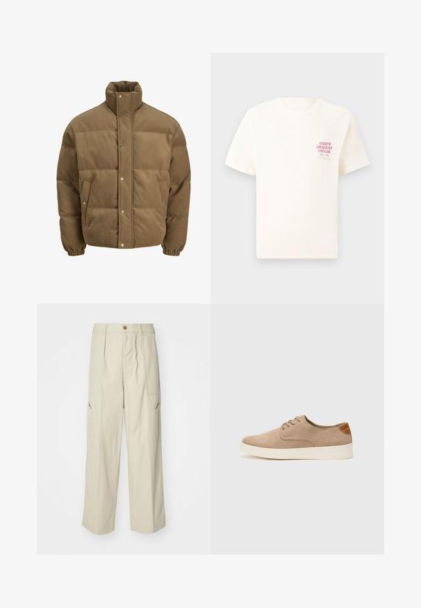 Pruunist kootud puffer-jope kõrge kraega, nööbid, elastsed mansetid ja küljetaskud, esitatud valgel taustal.; Valge lühikeste varrukatega T-särk, millel on vasakul rinnal punane tekst "Studio Originals Edition", esitatud neutraalsel hallil taustal.; Beežid cargo-püksid, millel on lahtine lõige, kaks esimest taskut ja kergelt textuuriga kangas. Omab nööpkinnitust ja laia jala disaini.; Beežid nahast tossud ümarate varvastega, paeltega esiosa ja tekstuuriga tagakontuuriga. Valge kummist tallapakkumine loob kontrasti. Lihtne ja kaasaegne disain.