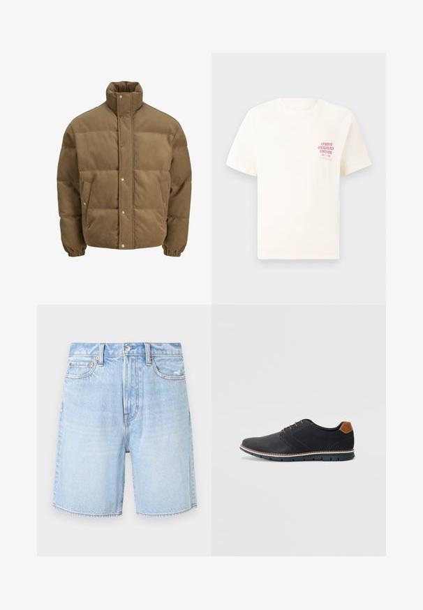 Barna kordbársony pufikabát magas gallérral, patentgombokkal, rugalmas mandzsettákkal és oldalsó zsebekkel, fehér háttéren bemutatva.; Fehér, rövid ujjú póló, bal mellen piros szöveggel "Studio Originals Edition", semleges szürke háttér előtt.; Világoskék farmer rövidnadrág klasszikus fazonnal, öt zsebes designnal, foszlott szegéllyel és kontrasztos varrással.; Fekete szintetikus cipők, textúrált felsőrésszel, sima díszítésekkel, barna sarkával és kontrasztos talppal. Minimális fűzéssel és varrási részletekkel rendelkezik.