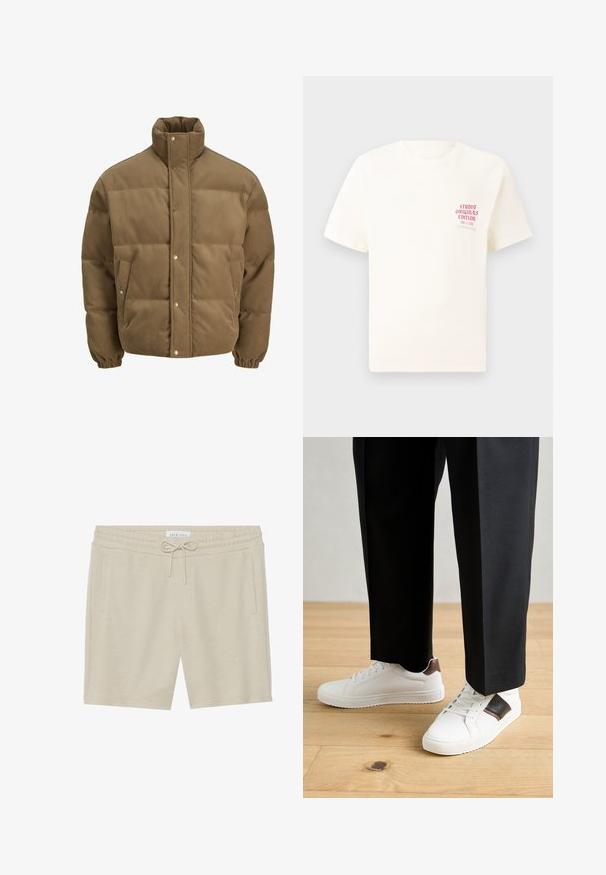 Veste matelassée en corduroy marron avec col haut, boutons pression, poignets élastiques et poches latérales, présentée sur un fond blanc.; T-shirt blanc à manches courtes avec le texte rouge "Édition Originals du Studio" sur la poitrine gauche, présenté sur un fond gris neutre.; Shorts de couleur khaki en tissu doux, dotés d'une taille à cordon de serrage, de deux poches latérales et d'une coupe décontractée.; Des sneakers blanches au texture lisse, avec des accents en cuir marron et des détails noirs, assorties à un pantalon noir ajusté. Fond en parquet.