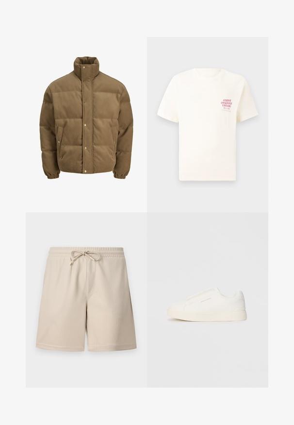 Bruine ribfluwelen pufferjack met hoge kraag, drukknoopsluiting, elastische manchetten en zijzakken, weergegeven op een witte achtergrond.; Witte T-shirt met korte mouwen met rode tekst "Studio Originals Edition" op de linker borst, weergegeven op een neutrale grijze achtergrond.; Beige shorts met een geribbelde textuur, een tailleband met trekkoord en zijzakken, die een eenvoudig en functioneel ontwerp laten zien.; Witte instap sneakers met een gestructureerd oppervlak, een dikke zool en een minimalistisch ontwerp. Bevat het merklogo aan de zijkant.