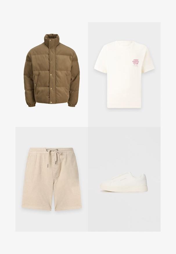 Brown corduroy puffer jacket with high collar, snap buttons, elastic cuffs, and side pockets, displayed on a white background.; White short-sleeve T-shirt with red text "Studio Originals Edition" on left chest, displayed on a neutral gray background.; Beige corduroy shorts with an elastic waistband, drawstring closure, and side pockets; features vertical ribbed texture.; White slip-on sneakers with a textured surface, a thick sole, and minimalistic design. Features brand logo on the side.
