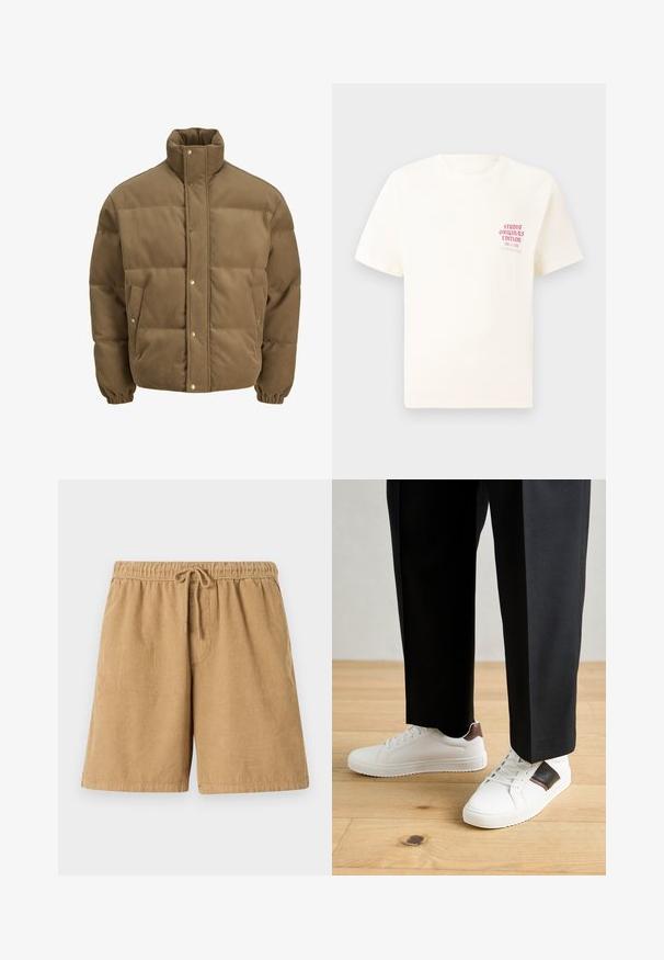 Barna kordbársony pufikabát magas gallérral, patentgombokkal, rugalmas mandzsettákkal és oldalsó zsebekkel, fehér háttéren bemutatva.; Fehér, rövid ujjú póló, bal mellen piros szöveggel "Studio Originals Edition", semleges szürke háttér előtt.; Barna kordbársony rövidnadrág, rugalmas derékrésszel és zsinórral. Függőleges bordákkal és oldalsó zsebekkel rendelkezik. Rövid fazon és laza dizájn jellemzi.; Fehér sneaker, sima textúrával, barna bőr díszítéssel és fekete részletekkel, fekete szabott nadrággal párosítva. Fából készült padló háttér.
