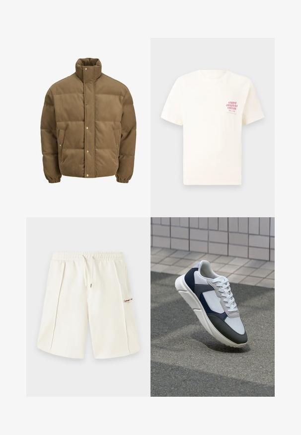 Casaco puffer de veludo cotelê castanho com colarinho alto, botões de pressão, punhos elásticos e bolsos laterais, exibido sobre um fundo branco.; T-shirt branca de mangas curtas com o texto vermelho "Edição Originais do Estúdio" no lado esquerdo do peito, apresentada sobre um fundo cinza neutro.; Calções de cor creme feitos de um tecido suave, com um cós elástico, cordão, bolsos laterais e um pequeno detalhe em vermelho com o logótipo de um lado.; Sapatilhas brancas, azuis-marinho e cinzas com um design de materiais mistos, apresentando uma parte superior texturizada, atacadores planos e uma sola acolchoada.