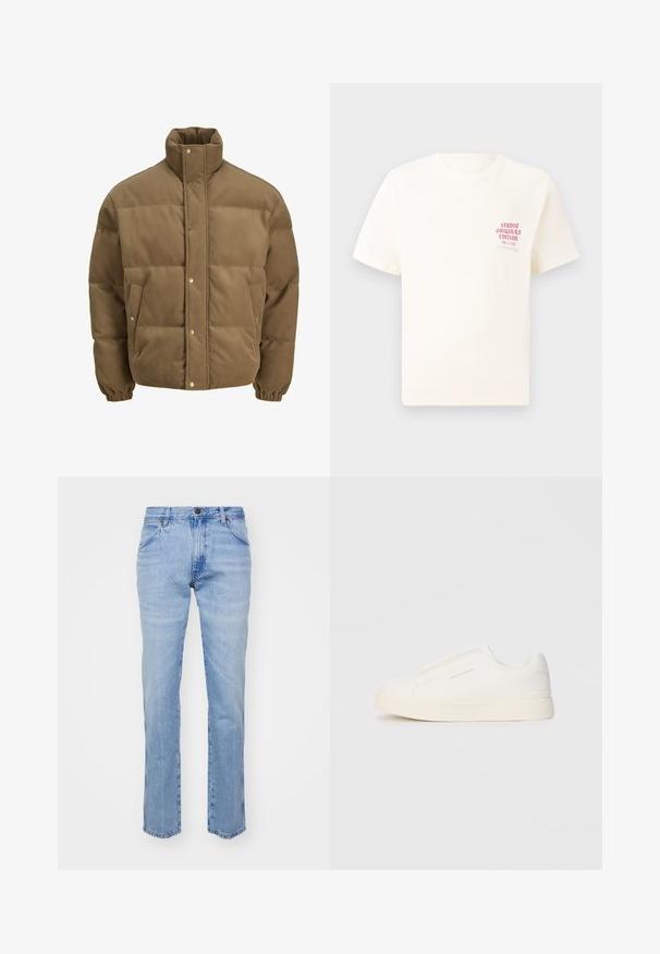 Brązowa puchowa kurtka z korduroy z wysokim kołnierzem, zatrzaskami, elastycznymi mankietami i bocznymi kieszeniami, wystawiona na białym tle.; Biała koszulka z krótkim rękawem z czerwonym napisem "Studio Originals Edition" po lewej stronie klatki piersiowej, wyeksponowana na neutralnym szarym tle.; Jasnoniebieskie dżinsy z prostymi nogawkami, pięcioma kieszeniami i metalowym zapięciem. Posiadają przeszycia wzdłuż szwów i brzegów.; Białe sneakersy wsuwane z teksturowanej powierzchni, grubą podeszwą i minimalistycznym designem. Zawierają logo marki z boku.