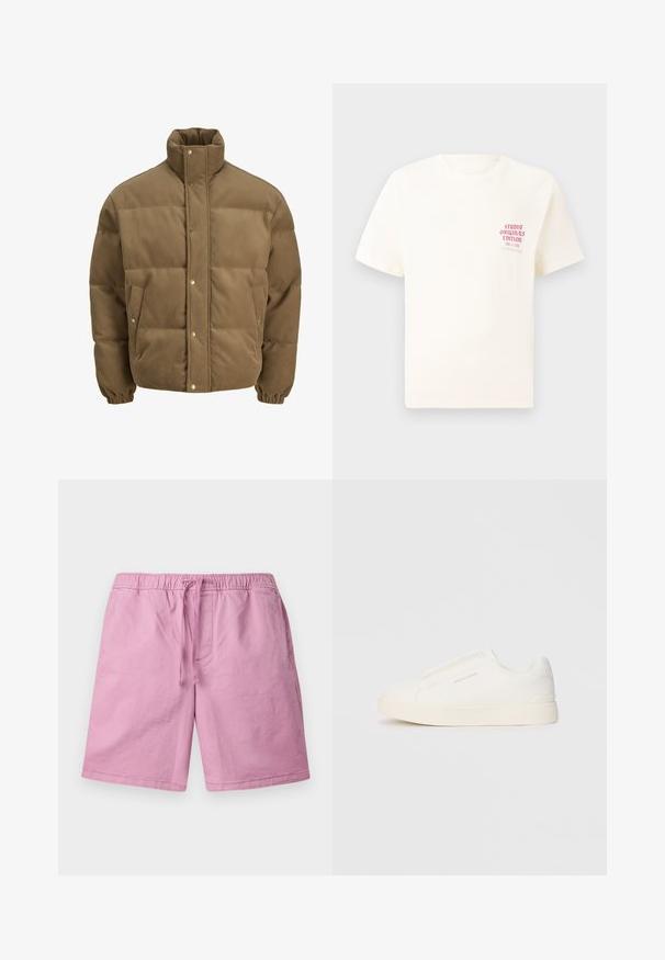 Giacca puffer in corduroy marrone con colletto alto, bottoni a pressione, polsini elasticizzati e tasche laterali, esposta su uno sfondo bianco.; T-shirt bianco a maniche corte con testo rosso "Studio Originals Edition" sul lato sinistro del petto, esposto su uno sfondo grigio neutro.; Shorts rosa chiaro realizzati in un materiale morbido, con vita elasticizzata e coulisse, e tasche laterali. Gambe a taglio dritto, senza motivi.; Sneakers bianchi slip-on con superficie texturizzata, suola spessa e design minimalista. Presentano il logo del marchio sul lato.