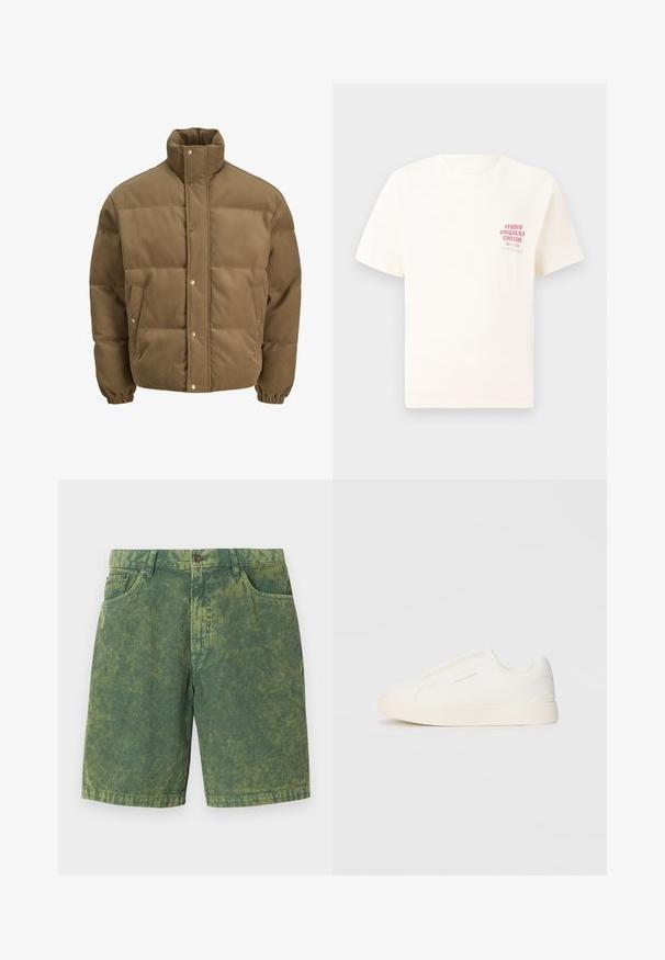 Bruine ribfluwelen pufferjack met hoge kraag, drukknoopsluiting, elastische manchetten en zijzakken, weergegeven op een witte achtergrond.; Witte T-shirt met korte mouwen met rode tekst "Studio Originals Edition" op de linker borst, weergegeven op een neutrale grijze achtergrond.; Groene corduroy shorts met een gestructureerd ribbelpatroon, een ontwerp met vijf zakken en knoopsluiting. Subtiele lichtere accenten doorheen.; Witte instap sneakers met een gestructureerd oppervlak, een dikke zool en een minimalistisch ontwerp. Bevat het merklogo aan de zijkant.