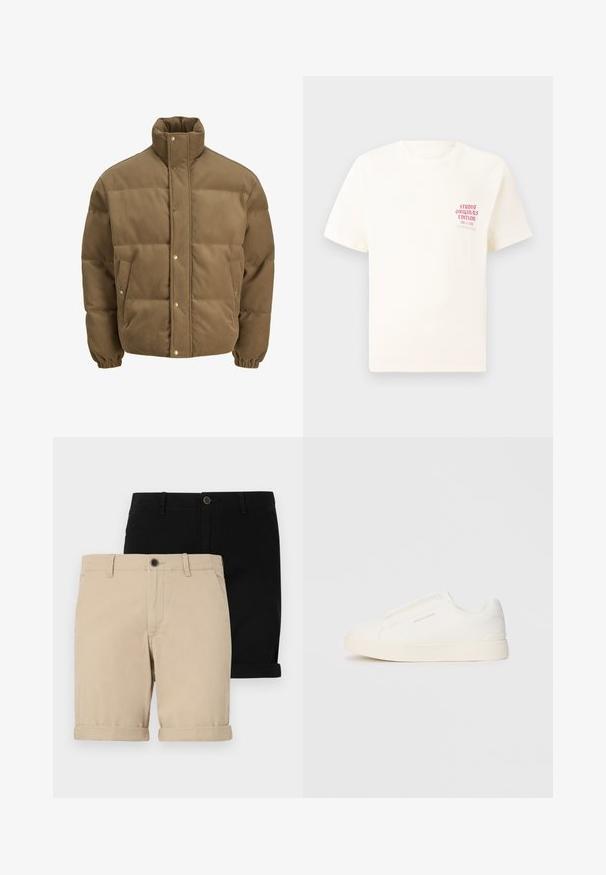 Veste matelassée en corduroy marron avec col haut, boutons pression, poignets élastiques et poches latérales, présentée sur un fond blanc.; T-shirt blanc à manches courtes avec le texte rouge "Édition Originals du Studio" sur la poitrine gauche, présenté sur un fond gris neutre.; Deux paires de shorts roulés : une beige et une noire, en tissu lisse, avec un bouton à l'avant et un design classique.; Baskets blanches sans lacets avec une surface texturée, une semelle épaisse et un design minimaliste. Présente le logo de la marque sur le côté.