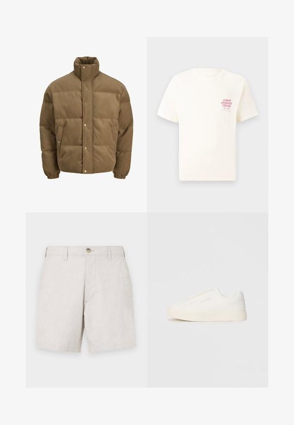 Casaco puffer de veludo cotelê castanho com colarinho alto, botões de pressão, punhos elásticos e bolsos laterais, exibido sobre um fundo branco.; T-shirt branca de mangas curtas com o texto vermelho "Edição Originais do Estúdio" no lado esquerdo do peito, apresentada sobre um fundo cinza neutro.; Calções de linho bege com corte reto, apresentando um fecho frontal com botão, passantes para cinto e dois bolsos laterais. Tecido texturizado.; Sapatilhas brancas de atacar com uma superfície texturizada, sola grossa e design minimalista. Possui o logo da marca na lateral.