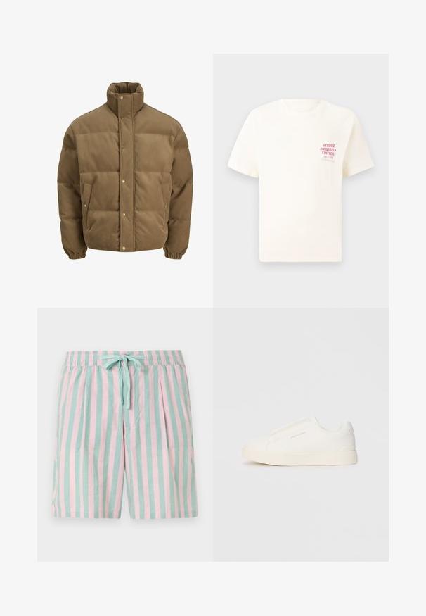 Casaco puffer de veludo cotelê castanho com colarinho alto, botões de pressão, punhos elásticos e bolsos laterais, exibido sobre um fundo branco.; T-shirt branca de mangas curtas com o texto vermelho "Edição Originais do Estúdio" no lado esquerdo do peito, apresentada sobre um fundo cinza neutro.; Bermudas leves com riscas alternadas em teal e rosa na vertical, um cós elástico e um detalhe de laço à frente.; Sapatilhas brancas de atacar com uma superfície texturizada, sola grossa e design minimalista. Possui o logo da marca na lateral.