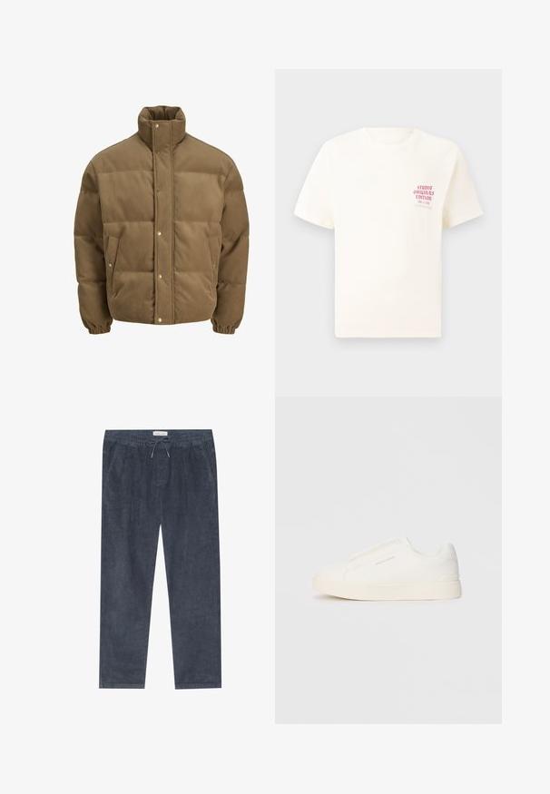 Jachetă puffer din catifea călduță, de culoare maro, cu guler înalt, nasturi cu capse, manșete elastice și buzunare laterale, expusă pe un fundal alb.; Tricou alb cu mânecă scurtă, având text roșu "Studio Originals Edition" pe partea stângă a pieptului, expus pe un fundal gri neutru.; Pantaloni din corduroy bleumarin cu talie elastică și șnur; au buzunare laterale și textură verticală cu nervuri. Design cu picior drept.; Tenisi albi slip-on cu o suprafață texturată, talpă groasă și un design minimalist. Prezintă logo-ul brandului pe lateral.