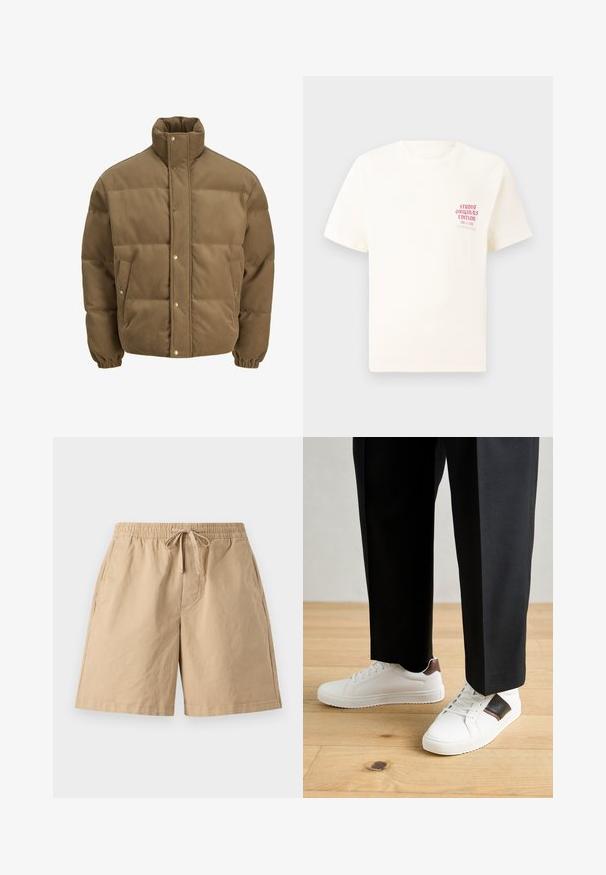Jachetă puffer din catifea călduță, de culoare maro, cu guler înalt, nasturi cu capse, manșete elastice și buzunare laterale, expusă pe un fundal alb.; Tricou alb cu mânecă scurtă, având text roșu "Studio Originals Edition" pe partea stângă a pieptului, expus pe un fundal gri neutru.; Șorturi bej din bumbac, cu un talie elastică și șnur ajustabil, dotate cu buzunare laterale și croială lejeră. Textură netedă, lungime până la genunchi.; Sneakers albe cu textură netedă, având accente din piele maro și detalii negre, asociate cu pantaloni negri pe măsură. Fundal din podea din lemn.