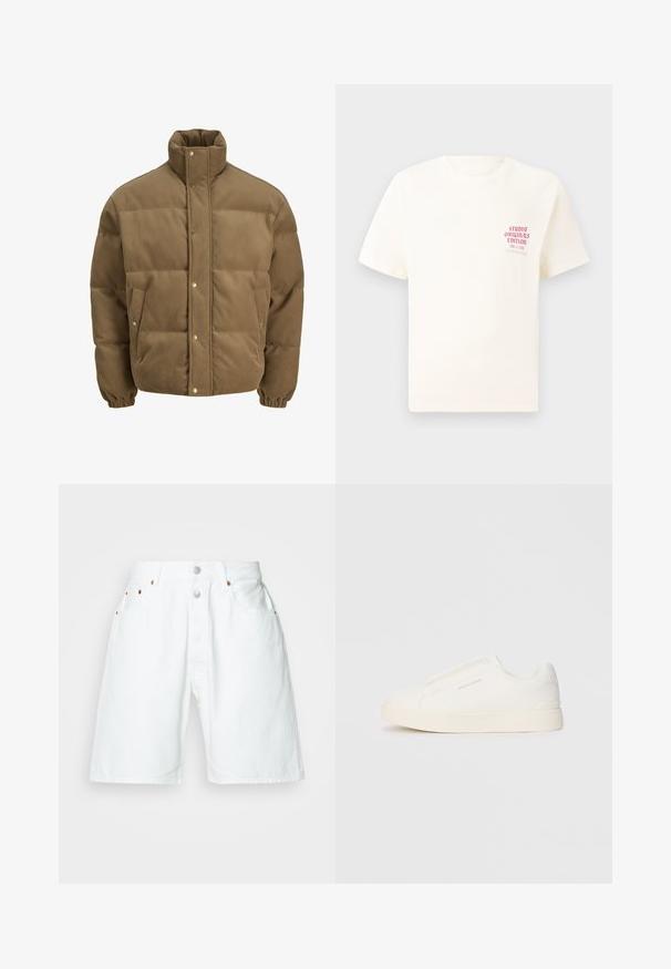 Rudos spalvos švarkas su raišteliu, turintis aukštą apykaklę, užsegamus mygtukais, elastines rankoves ir šonines kišenes, eksponuojamas ant balto fono.; Balta trumpa rankovėmis marškinėliai su raudonu užrašu "Studio Originals Edition" kairiajame krūtinės šone, rodomi neutralioje pilkoje aplinkoje.; Balti džinsiniai šortai su aukštu liemeniu, su mygtukų užtrauktuku, penkiais kišenėmis ir vario spalvos aksesuarais. Lygus, tekstūruotas audinys.; Baltos slip-on sportbačiai su tekstūruota paviršiumi, storesniu padu ir minimalistišku dizainu. Šone matosi prekės ženklo logotipas.