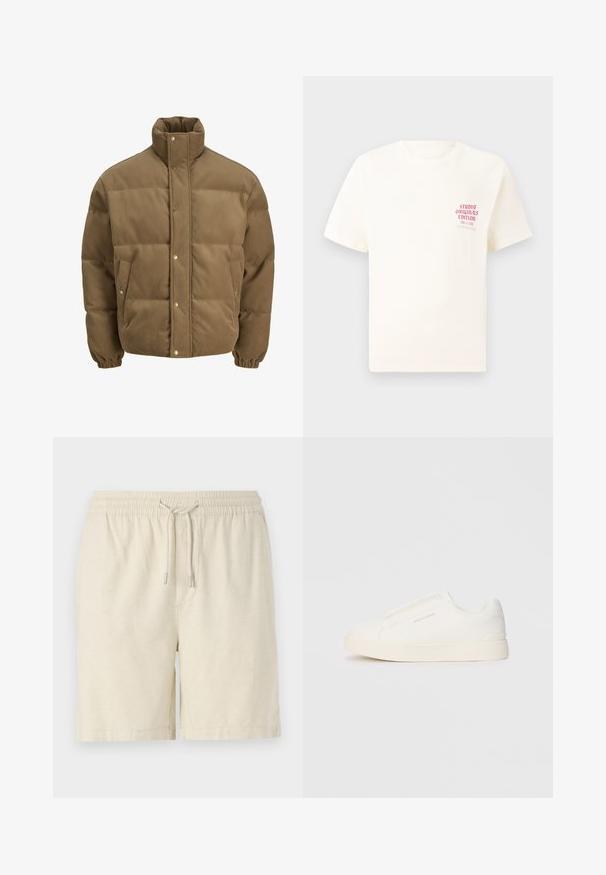 Giacca puffer in corduroy marrone con colletto alto, bottoni a pressione, polsini elasticizzati e tasche laterali, esposta su uno sfondo bianco.; T-shirt bianco a maniche corte con testo rosso "Studio Originals Edition" sul lato sinistro del petto, esposto su uno sfondo grigio neutro.; Shorts beige chiaro realizzati in un tessuto texturizzato. Presentano una vita elasticizzata con coulisse e tasche laterali. Taglio classico e design casual.; Sneakers bianchi slip-on con superficie texturizzata, suola spessa e design minimalista. Presentano il logo del marchio sul lato.