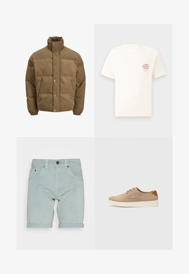 Brown corduroy puffer jacket with high collar, snap buttons, elastic cuffs, and side pockets, displayed on a white background.; White short-sleeve T-shirt with red text "Studio Originals Edition" on left chest, displayed on a neutral gray background.; Light blue denim shorts with a rolled hem, featuring front pockets, and a single black button closure at the waist. Smooth texture.; Beige suede sneakers with a rounded toe, lace-up front, and a textured back accent. White rubber sole provides contrast. Simple and modern design.