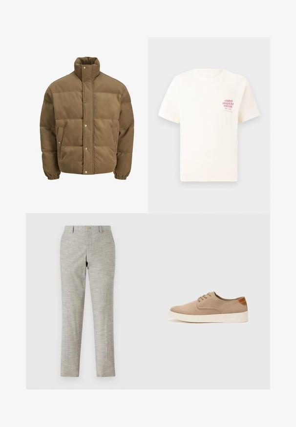Rudos spalvos švarkas su raišteliu, turintis aukštą apykaklę, užsegamus mygtukais, elastines rankoves ir šonines kišenes, eksponuojamas ant balto fono.; Balta trumpa rankovėmis marškinėliai su raudonu užrašu "Studio Originals Edition" kairiajame krūtinės šone, rodomi neutralioje pilkoje aplinkoje.; Šviesiai pilki kelnės su tekstūruota medžiaga, su plokščiu priekiu, užtrauktuku ir vienu mygtuku. Prigludusi liesa siluetą su tiesiomis kojomis.; Bežiniai zomšiniai sportbačiai su apvaliomis pirštų dalimis, raišteliais priekyje ir tekstūruotu užkulniu. Balta guma suteikia kontrastą. Paprastas ir modernus dizainas.