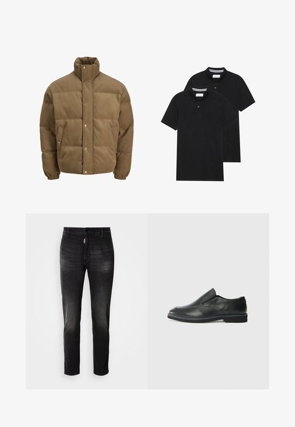 Chaqueta de plumón de pana marrón con cuello alto, botones a presión, puños elásticos y bolsillos laterales, exhibida sobre un fondo blanco.; Dos camisetas polo negras, de manga corta, de material de algodón, que presentan un cuello clásico, una tapeta de dos botones y acentos de rayas blancas en el interior del cuello.; Vaqueros de mezclilla negra con corte recto, que cuentan con una bragueta de botones, cinco bolsillos y un ligero desgaste en la textura de la tela.; Zapato negro de cuero sin cordones con un upper suave, detalles de costura, punta redonda y un bajo tacón de goma. La suela presenta una tracción mínima.