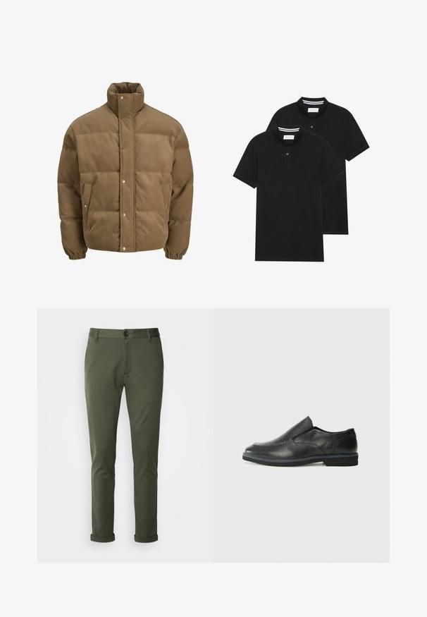 Pruunist kootud puffer-jope kõrge kraega, nööbid, elastsed mansetid ja küljetaskud, esitatud valgel taustal.; Kaks musta polo särki, lühikeste varrukatega, puuvillane materjal, klassikalise kraega, kahe nupuga kinnitusega, valgete triipudega krae sisepinnal.; Oliivrohelised kitsas lõikega püksid, valminud pehmest kangast, nööbiga kinnituse, klassikaliste taskute ja pahkluude juures üleskeeratud äärtega.; Must musta laia suuga king, millel on sile ülemine osa, õmmeldud detailid, ümmargune nina ja madal kummist konts. Tallal on minimaalne mustr.