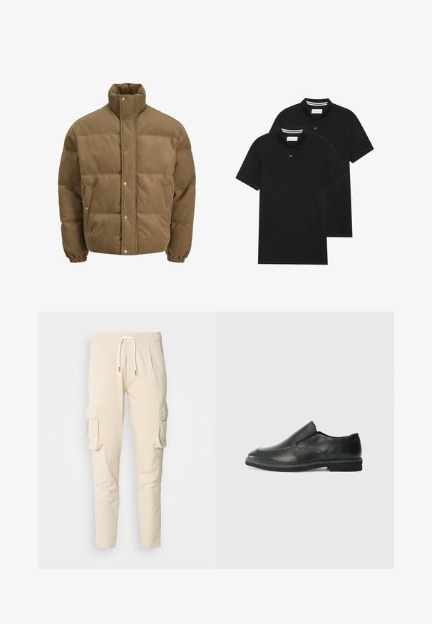 Brun kordfløyels pufferjakke med høy krage, trykknapper, elastiske mansjetter og sidelommer, vist på en hvit bakgrunn.; To svarte polo skjorter, kortermet, i bomullsmateriale, med krage i klassisk stil, to-knapps knappestolpe, og hvite striper inni kragen.; Beige cargo bukser med elastisk talje og snor. Har to sidelommer og en tapered ben design. Glat tekstur.; Sorte skinn slip-on sko med en jevn overflate, stikking detaljer, rund tå og en lav gummihæl. Sålen har minimal mønstring.