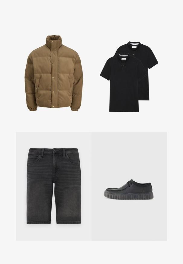 Smeđi puffer jakna od kordura s visokim ovratnikom, dugmadi na preklop, elastičnim manžetama i bočnim džepovima, prikazana na bijeloj pozadini.; Dva crna polo majice, kratki rukavi, pamučni materijal, sa klasičnom ovratnikom, čepom sa dva gumba i bijelim prugastim detaljima unutar ovratnika.; Crne traper šortseve s ravnim krojem, pet džepova i kopčanjem dugmetom. Sadrže blago izbljedjelo područje i čvrst teksturirani materijal.; Crne kožne casual cipele s okruglim vrhom, niskim profilom i debelim rebrastim gumenim potplatom. Imaju detalj s vezicama i glatku teksturu.