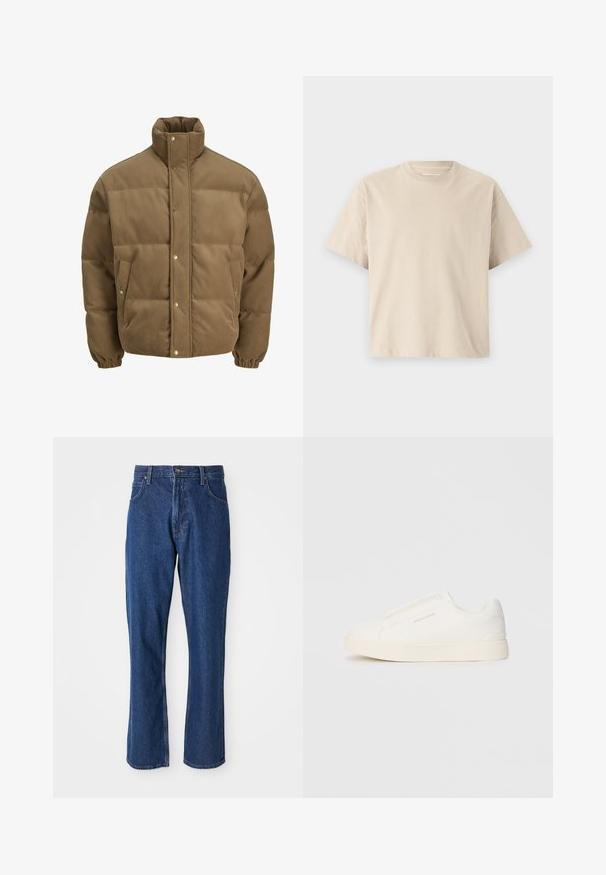 Brun kordfløyels pufferjakke med høy krage, trykknapper, elastiske mansjetter og sidelommer, vist på en hvit bakgrunn.; Beige kortermet t-skjorte med rund hals, laget av myk stoff, med en avslappet passform og uten synlige mønstre eller detaljer.; Blå denimjeans med rett bendesign, fem-lomme stil og en solid midje med metallknapp-lukking.; Hvite slip-on joggesko med teksturert overflate, tykk såle og minimalistisk design. Har merkevarelogo på siden.