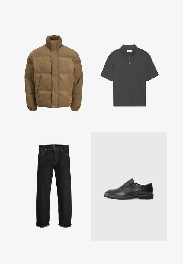 Brūns korduroja pufersjakas ar augstu apkakli, spiedpogu aizdari, elastīgām aprocēm un sānu kabatām, izstādīta uz baltā fona.; Tumši pelēks polo krekls ar tradicionālo apkakli, trīs pogu aizdari, īsām piedurknēm un kreisajā krūtī esošu kabatu. Gluda auduma tekstūra.; Tumši zila džinsu bikses ar taisnu piegriezumu, ar pogu un rāvējslēdzēju, ar sarullētām piedurknēm un kontrastējošiem šuvju elementiem.; Melnas ādas slip-on kurpes ar gludu augšdaļu, izšūtām akcentiem, noapaļotu purngala daļu un zemu gumijas papēdi. Zole ar minimālu rakstu.