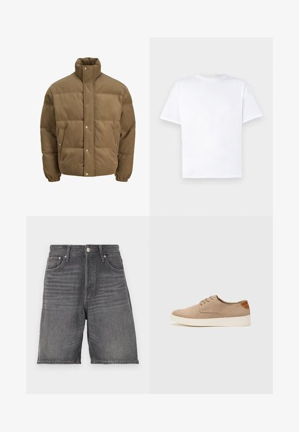 Barna kordbársony pufikabát magas gallérral, patentgombokkal, rugalmas mandzsettákkal és oldalsó zsebekkel, fehér háttéren bemutatva.; Fehér pamut póló, kerek nyakkivágással és rövid ujjal. Zökkenőmentes textúra, egyenes vonalvezetés, minta vagy díszítés nélkül. Csak hátsó nézet.; Sötét szürke farmer sort, egyenes szabással. Öt zseb, övhurkos derék és gombbal záródó fazon jellemzi.; Beige velúr sportcipő, kerek orral, fűzős elülső résszel és textúrált hátsó részlettel. Fehér gumitalp kontrasztot ad. Egyszerű és modern design.
