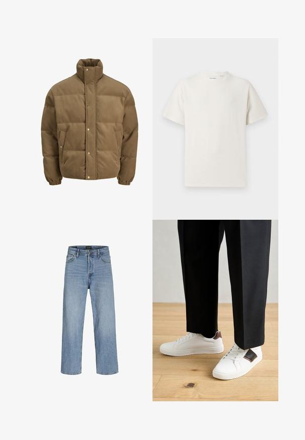 Brown corduroy puffer jacket with high collar, snap buttons, elastic cuffs, and side pockets, displayed on a white background.; White short-sleeve T-shirt in a ribbed texture. Round neckline, relaxed fit, no visible patterns or accents. Simple and versatile design.; Light blue denim jeans with a high waist, straight leg design, five pockets, and a button fly closure. Classic wash with minimal distressing.; White sneakers with smooth texture, featuring brown leather accents and black detailing, paired with black tailored pants. Wooden floor background.