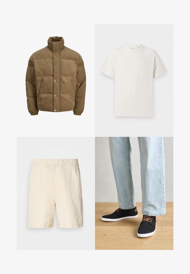 Barna kordbársony pufikabát magas gallérral, patentgombokkal, rugalmas mandzsettákkal és oldalsó zsebekkel, fehér háttéren bemutatva.; Fehér, rövid ujjú póló bordázott textúrával. Kerek nyakkivágás, laza szabás, nincs látható minta vagy díszítés. Egyszerű és sokoldalú dizájn.; Világos bézs rövidnadrág légáteresztő anyagból. Gumis derékkal és laza szabással rendelkezik. Egyszerű dizájn, minta vagy kiegészítők nélkül.; Fekete vászon sportcipők barna részletekkel, fehér gumitalppal és barna fűzővel, világoskék egyenes szabású farmernadrággal párosítva. Fa padló háttér.