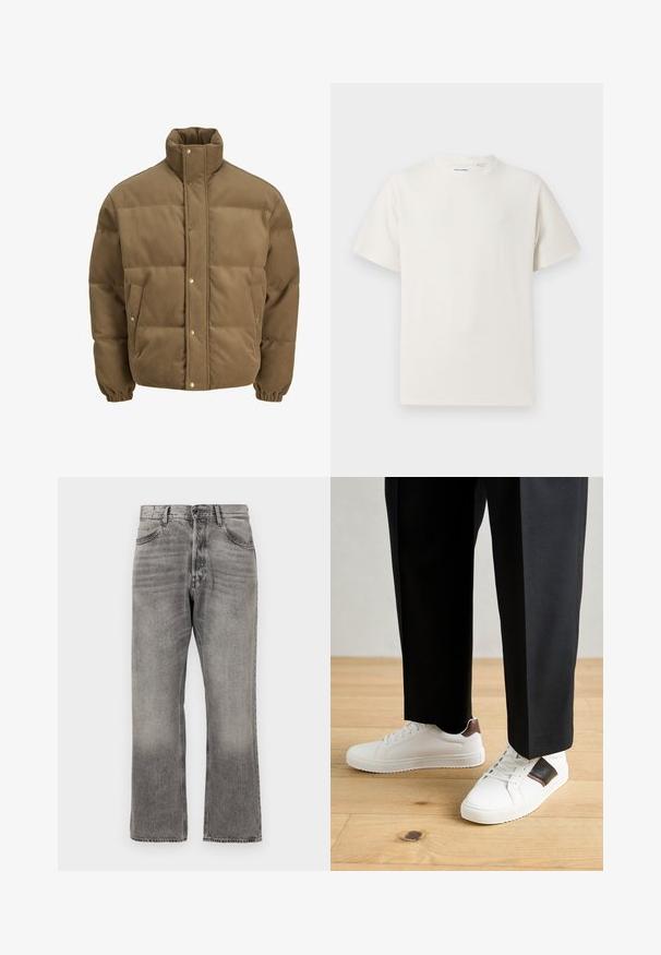 Rudos spalvos švarkas su raišteliu, turintis aukštą apykaklę, užsegamus mygtukais, elastines rankoves ir šonines kišenes, eksponuojamas ant balto fono.; Balta trumpa rankovė T-polo marškinėlių su juostelėmis tekstūra. Apvalus iškirpimas, laisvas fasonas, jokių matomų raštų ar akcentų. Paprastas ir universalus dizainas.; Pilkos džinsinės kelnės su šiek tiek išblukusiu paviršiumi, tiesios kojos dizainas, standartinė penkių kišenių stilius ir klasikinis užtrauktuko uždarymas.; Balti sportbačiai su glotnia danga, puošti rudais odiniais akcentais ir juodais detalėmis, derinami su juodais pritaikytais kelnėmis. Medinių grindų fonas.