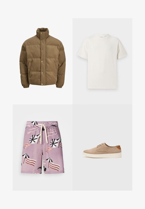 Brun corduroy pufferjakke med høj krave, trykknapper, elastiske manchetter og sidelommer, vist på en hvid baggrund.; Hvid kortærmet T-shirt i ribbet tekstur. Rund halsudskæring, løs pasform, ingen synlige mønstre eller accenter. Enkel og alsidig design.; Badeshorts i lys lilla stof med et grafisk mønster af strandparasoller, bølgende linjer og stiliserede hænder i kontrastfarver.; Beige ruskinds sneakers med rund tå, snørebånd foran og en struktureret rygdetalje. Hvid gummisål giver kontrast. Enkel og moderne design.