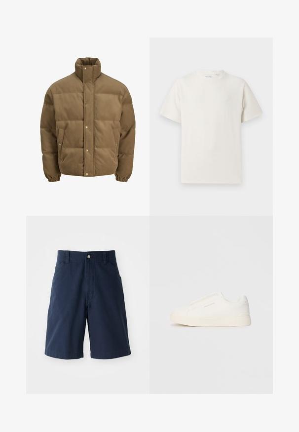 Barna kordbársony pufikabát magas gallérral, patentgombokkal, rugalmas mandzsettákkal és oldalsó zsebekkel, fehér háttéren bemutatva.; Fehér, rövid ujjú póló bordázott textúrával. Kerek nyakkivágás, laza szabás, nincs látható minta vagy díszítés. Egyszerű és sokoldalú dizájn.; Tengerészkék pamut nadrág rövidnadrág lapos elülső résszel, két oldalsó zsebbel és egyetlen gombos rögzítéssel a deréknál. Klasszikus egyenes lábú fazon.; Fehér slip-on sportcipők texturált felülettel, vastag talppal és minimalista dizájnnal. Az oldalon a márka logója található.
