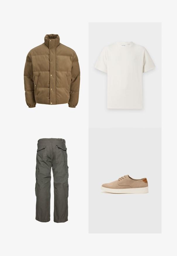 Brūns korduroja pufersjakas ar augstu apkakli, spiedpogu aizdari, elastīgām aprocēm un sānu kabatām, izstādīta uz baltā fona.; Balta krūštura īsām piedurknēm ar ribota auduma faktūru. Apaļš kakla izgriezums, brīvs griezums, bez redzamām rakstām vai akcentiem. Vienkāršs un daudzpusīgs dizains.; Olīvu zaļi cargo bikses, ar vairākiem sānu kabatām, brīvu piegriezumu un regulējamiem aprocēm, lai nodrošinātu drošu piegulšanu. Izgatavotas no izturīgas kokvilnas auduma.; Beige zamšādas kedas ar noapaļotu purngala daļu, auklēm saplacinātu priekšpusi un teksturētu aizmugures akcentu. Balta gumijas zole nodrošina kontrastu. Vienkāršs un mūsdienīgs dizains.