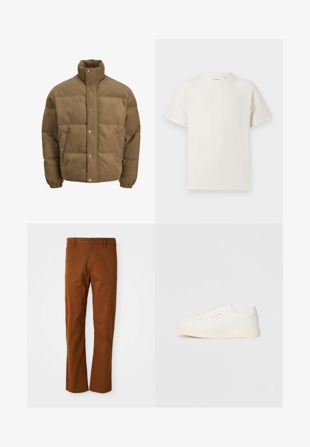 Rudos spalvos švarkas su raišteliu, turintis aukštą apykaklę, užsegamus mygtukais, elastines rankoves ir šonines kišenes, eksponuojamas ant balto fono.; Balta trumpa rankovė T-polo marškinėlių su juostelėmis tekstūra. Apvalus iškirpimas, laisvas fasonas, jokių matomų raštų ar akcentų. Paprastas ir universalus dizainas.; Rudos medvilnės kelnės su įprastu siluetu, pasižyminčios mygtukų uždarymu, diržo kilpomis ir tiesiomis kojomis. Lygus paviršius be jokios ornamentikos.; Baltos slip-on sportbačiai su tekstūruota paviršiumi, storesniu padu ir minimalistišku dizainu. Šone matosi prekės ženklo logotipas.