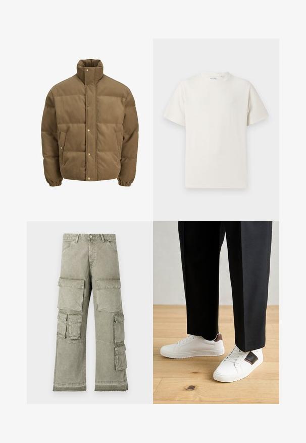 Barna kordbársony pufikabát magas gallérral, patentgombokkal, rugalmas mandzsettákkal és oldalsó zsebekkel, fehér háttéren bemutatva.; Fehér, rövid ujjú póló bordázott textúrával. Kerek nyakkivágás, laza szabás, nincs látható minta vagy díszítés. Egyszerű és sokoldalú dizájn.; Világos olíva zöld színű cargo nadrág, amely több nagy zsebtartóval, széles lábdesignnal és nyers szegéllyel rendelkezik. Tartós anyagból készült.; Fehér sneaker, sima textúrával, barna bőr díszítéssel és fekete részletekkel, fekete szabott nadrággal párosítva. Fából készült padló háttér.