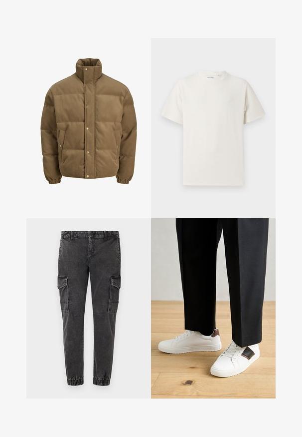 Barna kordbársony pufikabát magas gallérral, patentgombokkal, rugalmas mandzsettákkal és oldalsó zsebekkel, fehér háttéren bemutatva.; Fehér, rövid ujjú póló bordázott textúrával. Kerek nyakkivágás, laza szabás, nincs látható minta vagy díszítés. Egyszerű és sokoldalú dizájn.; Fekete cargo nadrág, elasztikus szegéllyel, nagy oldalsó zsebekkel, laza szabással és enyhén kopott, texturált farmer anyagból.; Fehér sneaker, sima textúrával, barna bőr díszítéssel és fekete részletekkel, fekete szabott nadrággal párosítva. Fából készült padló háttér.