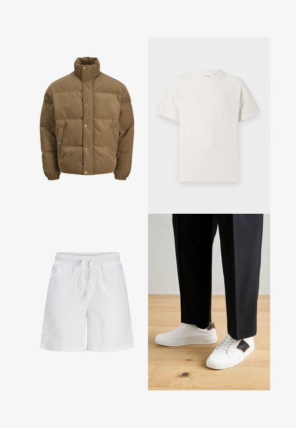 Brown corduroy puffer jacket with high collar, snap buttons, elastic cuffs, and side pockets, displayed on a white background.; White short-sleeve T-shirt in a ribbed texture. Round neckline, relaxed fit, no visible patterns or accents. Simple and versatile design.; White cotton shorts with an elastic waistband and drawstring. Features a relaxed fit and side seam pockets.; White sneakers with smooth texture, featuring brown leather accents and black detailing, paired with black tailored pants. Wooden floor background.