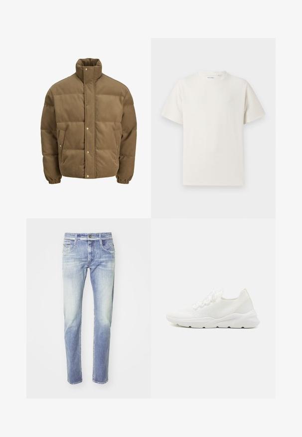 Pruunist kootud puffer-jope kõrge kraega, nööbid, elastsed mansetid ja küljetaskud, esitatud valgel taustal.; Valge lühikeste varrukatega T-särk ribakudumises. Ümar kaelus, mugav lõige, nähtavad mustrid ega aksessuaarid puuduvad. Lihtne ja mitmekesine disain.; Heledad sinised teksad, mis on valmistatud denimist, omavad tuhmuvat pesu, sirget lõiget, viietasku disaini ning nupuga ja tõmbluku sulgemist.; Valged sportlikud kingad tekstuuriga võrguga ülemise osa, pehme tallaga ja õhukeste paeltega. Omavad stiilset, modernset disaini ümarate varvastega.