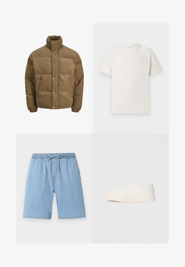 Hnědá kordurová péřová bunda s vysokým límcem, patkovými knoflíky, elastickými manžetami a bočními kapsami, vystavená na bílém pozadí.; Bílý krátký rukáv tričko s pružnou strukturou. Kulatý výstřih, volný střih, bez viditelných vzorů nebo detailů. Jednoduchý a univerzální design.; Světle modré džíny šortky s elastickým pasem, stahovací šňůrkou, sklady v přední části a rovným střihem nohavic.; Bílé slip-on tenisky s texturovaným povrchem, silnou podešví a minimalistickým designem. Na boku je umístěno logo značky.