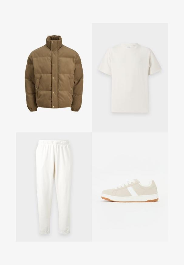 Smeđi puffer jakna od kordura s visokim ovratnikom, dugmadi na preklop, elastičnim manžetama i bočnim džepovima, prikazana na bijeloj pozadini.; Bijela kratka majica s kratkim rukavima u rebrastoj teksturi. Okrugli izrez, ležeran kroj, bez vidljivih uzoraka ili akcenta. Jednostavan i svestran dizajn.; Svijetlosmeđi dukserici s elastičnim pojasom i suženim nogavicama, izrađeni od mekog materijala. Imaju glatku teksturu bez vidljivih uzoraka ili detalja.; Bige tenisice s bijelim detaljima, antilop tekstura, okrugli oblik, vezanje na vezice i kontrastna gumena potplata.