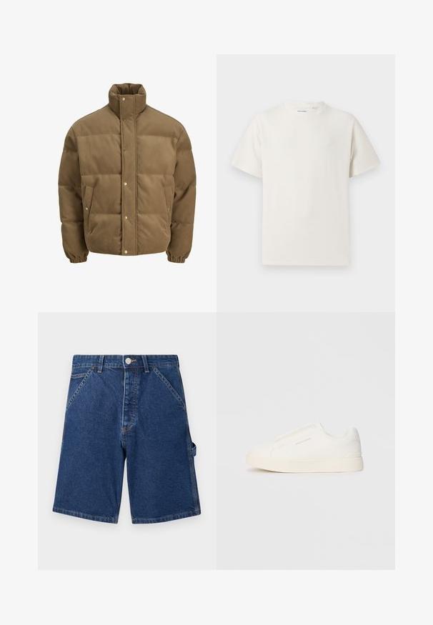 Chaqueta de plumón de pana marrón con cuello alto, botones a presión, puños elásticos y bolsillos laterales, exhibida sobre un fondo blanco.; Camiseta blanca de manga corta en textura acanalada. Cuello redondo, corte relajado, sin patrones ni acentos visibles. Diseño simple y versátil.; Shorts de mezclilla en azul oscuro, con un clásico diseño de cinco bolsillos, cierre de botón metálico y costuras visibles a lo largo de las costuras.; Zapatillas blancas tipo slip-on con una superficie texturizada, suela gruesa y diseño minimalista. Presenta el logo de la marca en un lado.