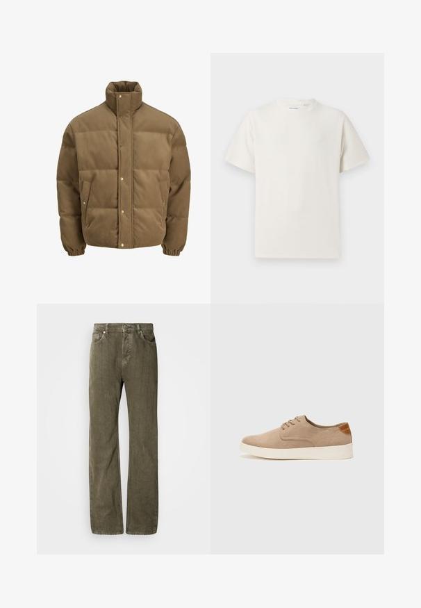 Jachetă puffer din catifea călduță, de culoare maro, cu guler înalt, nasturi cu capse, manșete elastice și buzunare laterale, expusă pe un fundal alb.; Tricou alb cu maneci scurte, dintr-un material ribbed. Guler rotund, croi lejer, fără modele sau accente vizibile. Design simplu și versatil.; Jeansi drepți, kaki, dintr-un material texturat de bumbac. Au cinci buzunare, închidere cu buton metalic și cusături verticale subtile.; Tenisi din suede bej cu vârf rotund, sistem de șireturi în față și un accent texturat în spate. Talpa albă din cauciuc oferă un contrast. Design simplu și modern.
