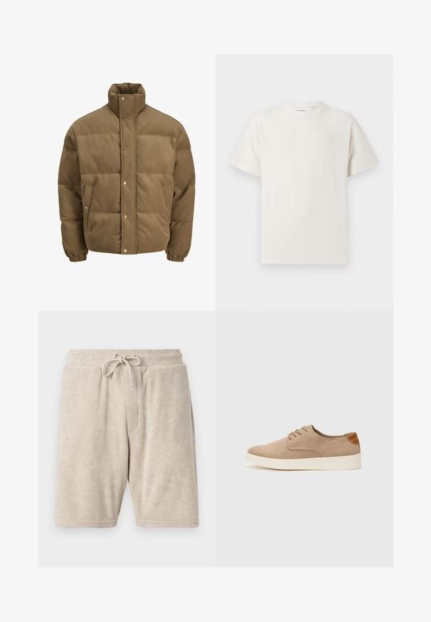 Pruunist kootud puffer-jope kõrge kraega, nööbid, elastsed mansetid ja küljetaskud, esitatud valgel taustal.; Valge lühikeste varrukatega T-särk ribakudumises. Ümar kaelus, mugav lõige, nähtavad mustrid ega aksessuaarid puuduvad. Lihtne ja mitmekesine disain.; Beez terry kangad, mille elastse vöökoha ja reguleeritava paelaga. Omab ühte esikotti ja põlvekohale ulatuvat disaini.; Beežid nahast tossud ümarate varvastega, paeltega esiosa ja tekstuuriga tagakontuuriga. Valge kummist tallapakkumine loob kontrasti. Lihtne ja kaasaegne disain.