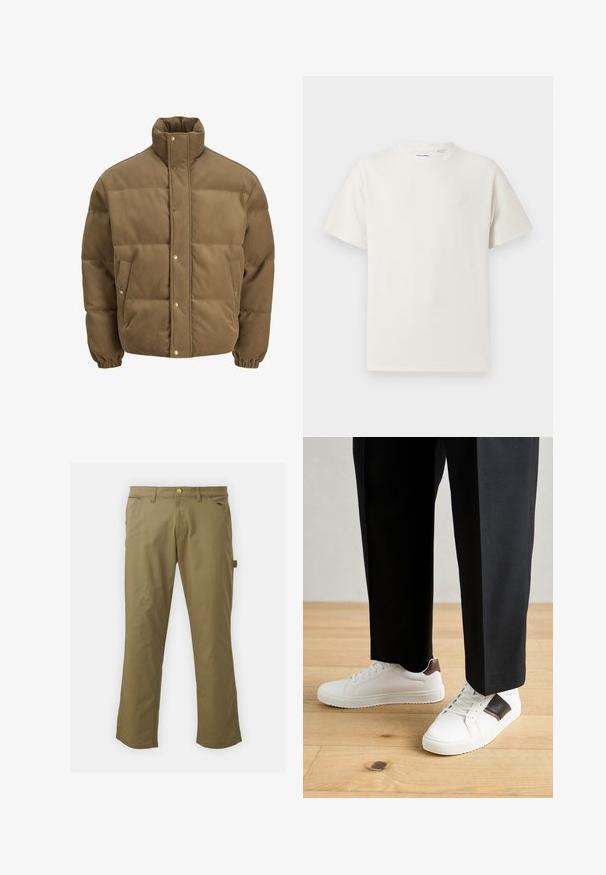 Braune Cord-Puffjacke mit hohem Kragen, Druckknöpfen, elastischen Bündchen und Seitentaschen, auf einem weißen Hintergrund präsentiert.; Weißes T-Shirt mit kurzen Ärmeln in gerippter Textur. Runder Ausschnitt, lockere Passform, keine sichtbaren Muster oder Akzente. Einfaches und vielseitiges Design.; Khakihosen aus glattem Stoff mit Knopfverschluss, Gürtelschlaufen, zwei Fronttaschen und einer Seitentasche im geraden Bein-Design.; Weiße Sneakers mit glatter Textur, versehen mit braunen Lederakzenten und schwarzen Details, kombiniert mit schwarzen maßgeschneiderten Hosen. Hintergrund aus Holzboden.