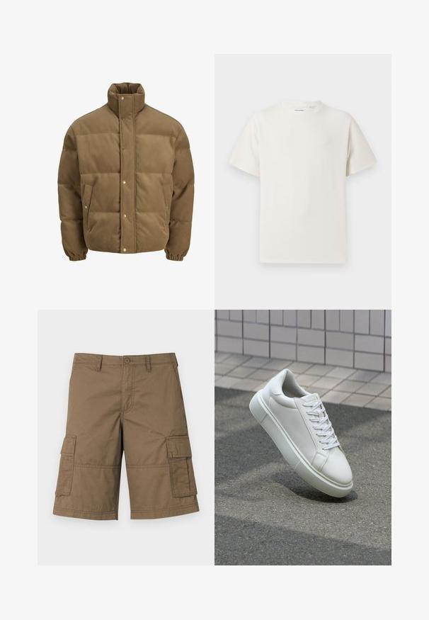 Brun manchesterpuffjacka med hög krage, tryckknappar, elastiska manschetter och sidofickor, visas mot en vit bakgrund.; Vit t-shirt med kort ärm i ribbad struktur. Rund halsringning, löst sittande passform, inga synliga mönster eller detaljer. Enkelt och mångsidigt design.; Bruna bomullscargo-shorts med flera sidfickor, knappstängning och sydda detaljer. Klassisk knälång design.; Vit lädersneaker med en slät yta, rund tå och platta vita snören. Har en texturerad gummisula och minimalistiska designelement.