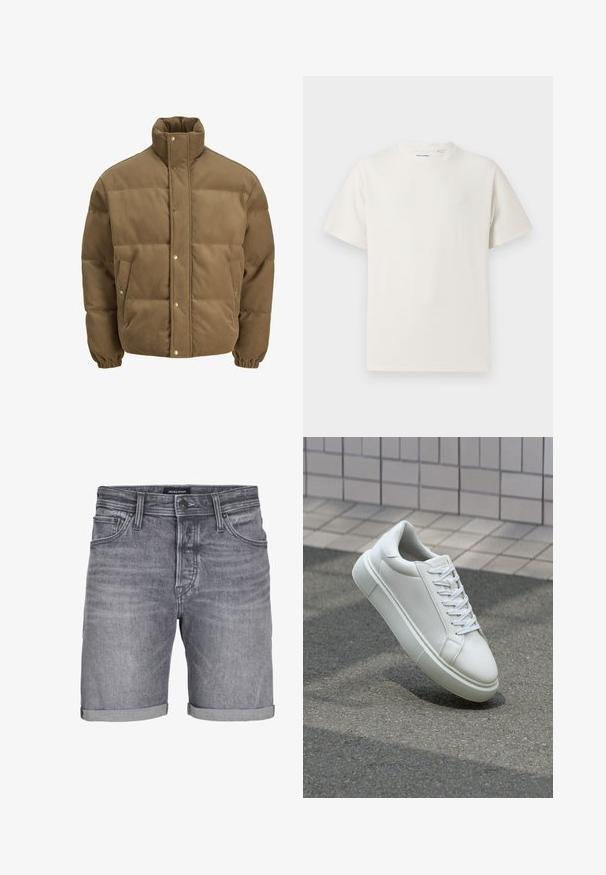 Braune Cord-Puffjacke mit hohem Kragen, Druckknöpfen, elastischen Bündchen und Seitentaschen, auf einem weißen Hintergrund präsentiert.; Weißes T-Shirt mit kurzen Ärmeln in gerippter Textur. Runder Ausschnitt, lockere Passform, keine sichtbaren Muster oder Akzente. Einfaches und vielseitiges Design.; Graue Jeansshorts mit einem leicht abgetragenen Look, einem umgeschlagenen Saum, einem Fünf-Taschen-Design und einem Knopfverschluss. Marke: JACK & JONES.; Weiße Leder-Sneaker mit glatter Oberfläche, runder Zehenpartie und flachen weißen Schnürsenkeln. Verfügt über eine strukturierte Gummisohle und minimalistische Designelemente.